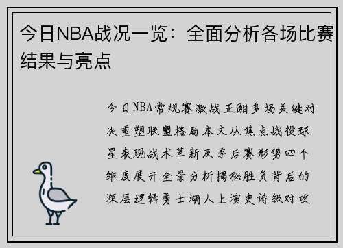 今日NBA战况一览：全面分析各场比赛结果与亮点